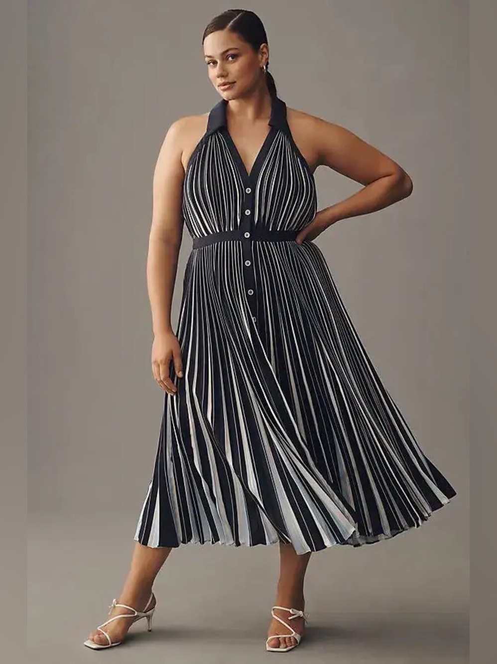 Anthropologie Halter Pleated Midi Dress Blue White Size 2X